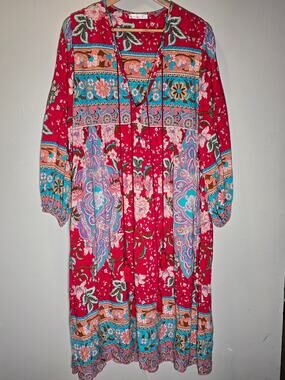 R.Vivimos Boho Floral Maxi Dress 2XL Red Tassel Tie Empire Waist Plus Size